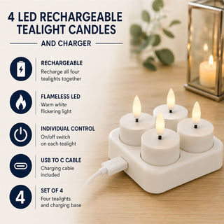 4 LED Rechargeable Tealight Candles and Charger, Rechargeable Flameless Set of 4