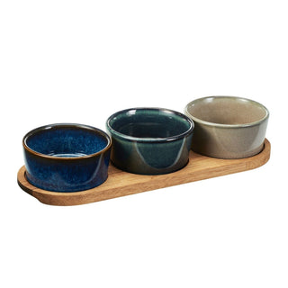 4 - Piece Ceramic Bowl Set with Acacia Tray | Snack & Dip Platter for Parties