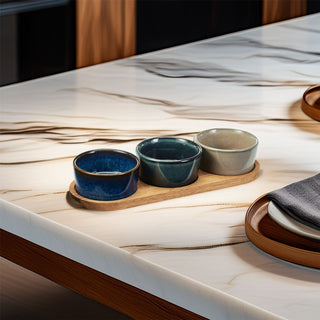 4 - Piece Ceramic Bowl Set with Acacia Tray | Snack & Dip Platter for Parties
