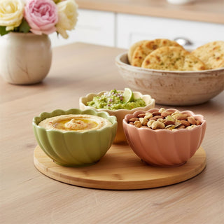 4 - piece Serving Platter, Set of 3 Scalloped Ceramic Bowls Wooden Serving Tray