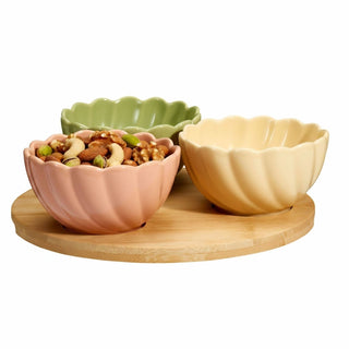 4 - piece Serving Platter, Set of 3 Scalloped Ceramic Bowls Wooden Serving Tray