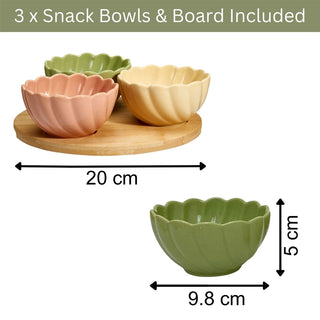 4 - piece Serving Platter, Set of 3 Scalloped Ceramic Bowls Wooden Serving Tray