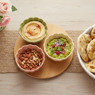 4 - piece Serving Platter, Set of 3 Scalloped Ceramic Bowls Wooden Serving Tray