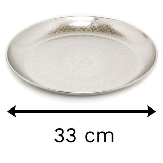 Elegant Silver Metal Mandala Flower Display Dish | Round Decorative Presentation Bowls | Ornament Candle Tray Plate - 33cm