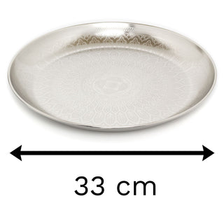 Elegant Silver Metal Mandala Flower Display Dish | Round Decorative Presentation Bowls | Ornament Candle Tray Plate - 33cm