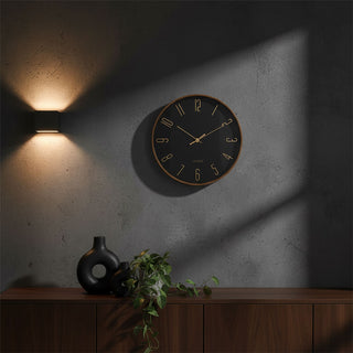 Black & Rose Gold Wall Clock, 30cm Round Wood Effect Quartz Wall Mounted Clock