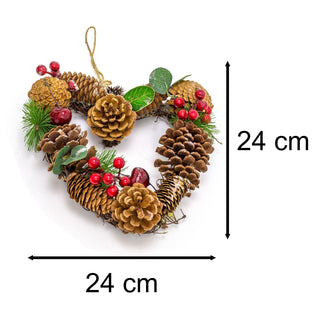 24cm Pinecone & Eucalyptus Heart Christmas Door Wreath | Red Berry Heart Shaped Christmas Wreath Decoration | Xmas Door Wreath Artificial Christmas Wreath