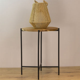 Round Acacia Wood Side Table | Black Metal End Table For Living Room - 40x48cm