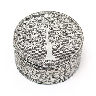 Silver Metal Tree Of Life Trinket Box | Handcrafted Aluminium Round Jewellery Box Vanity Tray | Silver Embossed Keepsake Box Tree Of Life Gifts