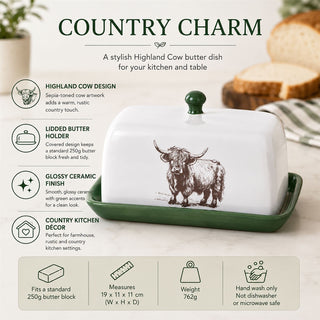 Highland Cow Butter Dish, 19cm White Ceramic Butter Tray with Removable Lid