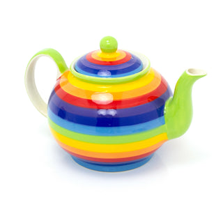 Hand Painted Rainbow Stripe Ceramic Large Teapot | 1 Litre Striped 4 Cups Tea Pot | Multicoloured Traditional Teapot