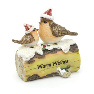 Christmas Decoration Robin Ornaments | Festive Resin Robin Redbreast Yule Log Figurines | Winter Scene Christmas Decorations