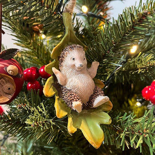 Hedgehog Christmas Bauble | Leaf-Shaped Resin Christmas Tree Ornament - 11cm