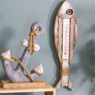 Rustic Nautical Fish Shaped Wall Thermometer | Wooden Hanging Room Thermometer