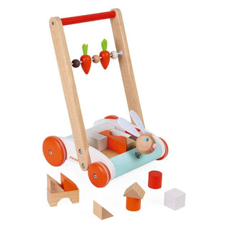 Janod Rabbit Pushcart with Blocks | Wooden Push Along Baby Walker | Age 12m+
