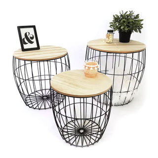 Set Of 3 Round Black Metal Side Tables | Wooden Top Storage Basket End Tables