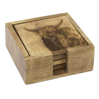 Set Of 4 Mango Wood Highland Cow Coasters | 4 Piece Rustic Coasters With Holder Cup Mug Table Mats | Wooden Square Drinks Coaster Set