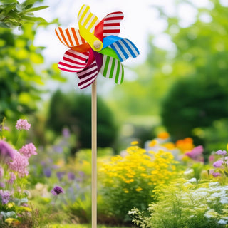 45cm Stripped Garden Windmill Outdoor Pinwheel | Wooden Rainbow Wind Spinner | Flower Bed Ornament Garden Decorations