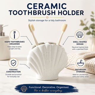 Shell Toothbrush Holder, 11cm Ceramic Speckled Coastal Bathroom Stand