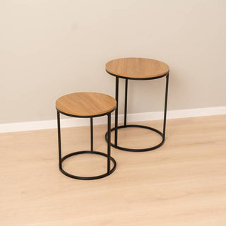 Set Of 2 Round Black Metal Wooden Top Nesting Tables | Side Tables For Living Room Occasional Pedestal End Table Nest | Contemporary 2 Piece Nest Of Tables