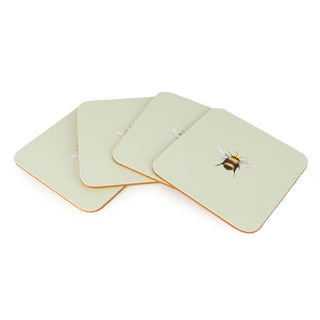 Set of 4 Bee Coasters, 10.5cm Cork Backed Green Drinks Coaster Set