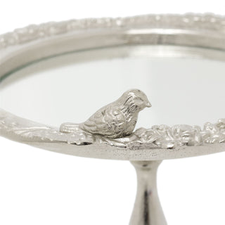 Decorative Silver Mirrored Stand With Bird | Pedestal Mirror Display Stand Plate Dish | Ornate Silver Metal Candle Tray