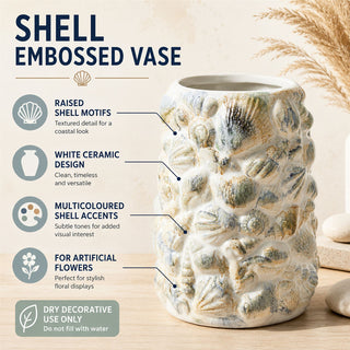 Shell Embossed Vase 19.5cm White Ceramic Nautical Artificial Flower Display