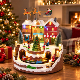 Musical Christmas Village, Illuminated Toy Shop with Train, Sleigh & 8 Melodies