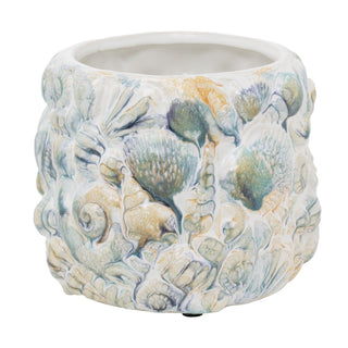Shell Embossed Planter, 15cm White Ceramic Nautical Round Indoor Plant Cache Pot