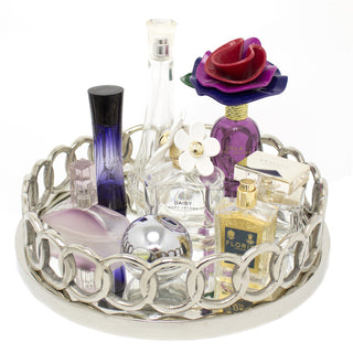 Deluxe Silver Circle Links Mirrored Tray | 30.5cm Decorative Candle Tray Holder - Perfume Display Organiser, Table Centrepiece Decorative Tray