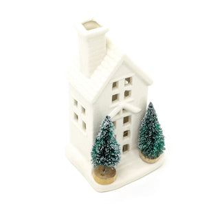 White Ceramic LED Christmas House with Trees Ornament | Light up Decoration 15cm