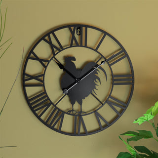 Roman Numeral Rooster Wall Clock | Black Metal Skeleton Wall Clock - 40cm