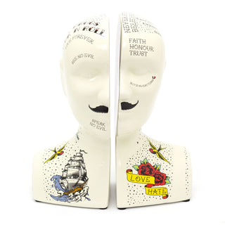 Novelty Ceramic Phrenology Bookends | Vintage Tattoo Head Book End Set | Statue Bust Book Stopper