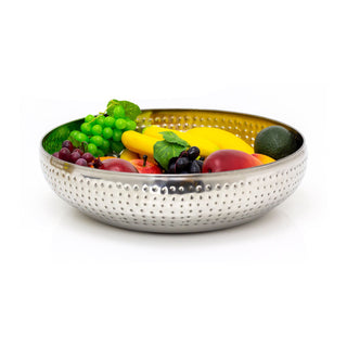 38cm Extra Large Stainless Steel Kitchen Fruit Bowl | Round Silver Display Bowl With Hammered Detail | Multi-purpose Serving Bowl Salad Bowl Decorative Bowl