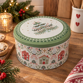 Alpine Houses Christmas Cake Tin, 23cm Round Gisela Graham Storage Tin