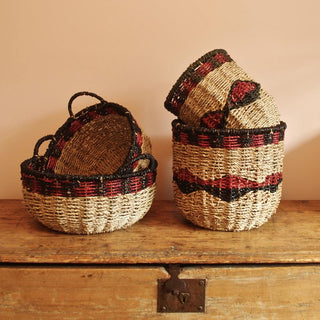 Stunning Set Of 2 Black and Red Storage Baskets ~ Small Woven Seagrass Basket