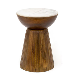 Mango Wood And Marble Side Table | White Marble And Wood Pedestal Table - 53cm