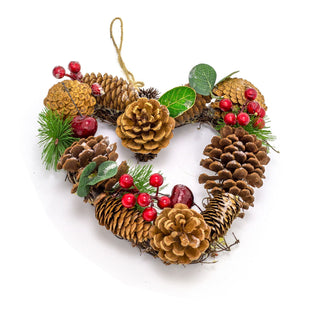 24cm Pinecone & Eucalyptus Heart Christmas Door Wreath | Red Berry Heart Shaped Christmas Wreath Decoration | Xmas Door Wreath Artificial Christmas Wreath