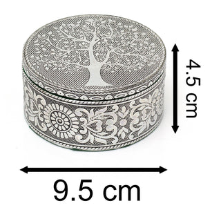 Silver Metal Tree Of Life Trinket Box | Handcrafted Aluminium Round Jewellery Box Vanity Tray | Silver Embossed Keepsake Box Tree Of Life Gifts