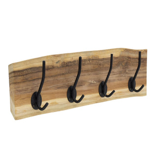 Teak Wall Mounted Coat Rack, 50cm Wooden Wall Mounted Storage Rail 4 Metal Hooks