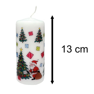 Christmas Trees Pillar Candle | Festive Candle with Colourful Santa Design 13cm