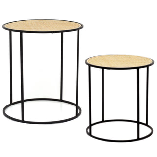 Set Of 2 Round Wooden Woven Top Nesting Side Tables | Occasional Pedestal End Table Nest | Black Metal Seagrass Stacking Tables