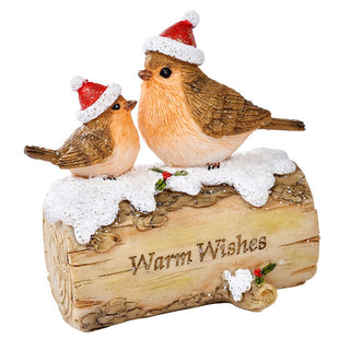 Christmas Decoration Robin Ornaments | Festive Resin Robin Redbreast Yule Log Figurines | Winter Scene Christmas Decorations