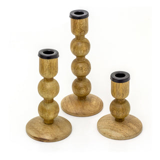 Set Of 3 Mango Wood Candlesticks | 3 Piece Rustic Dinner Candle Stick Holders
