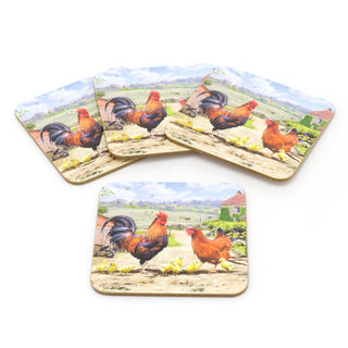 Set Of 4 Cockerel & Hen Coasters | Country Farm Drink Coasters Set | Countryside Cup Mug Table Mats