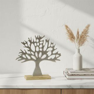 Tree of Life Ornament, 24cm Silver Metal Tree Sculpture on Mango Wood Base