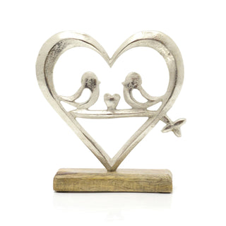 20cm Elegant Heart With Love Birds Ornament On Wood Base | Silver Love Heart On Wooden Base Sculpture | Valentines Anniversary Wedding Gifts