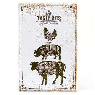 The Tasty Bits Wooden Hanging Plaque Rustic Kitchen Wall Sign Beef Chicken Pork