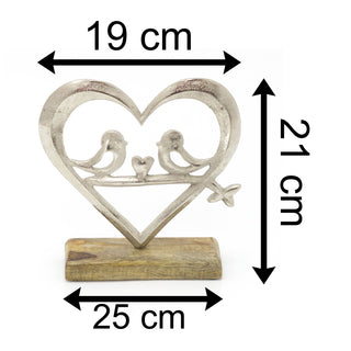 20cm Elegant Heart With Love Birds Ornament On Wood Base | Silver Love Heart On Wooden Base Sculpture | Valentines Anniversary Wedding Gifts