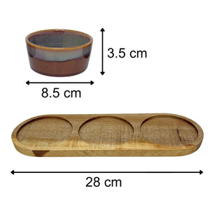 Set of 3 Round Ceramic Snack Bowls with Acacia Wood Serving Tray - 28cm